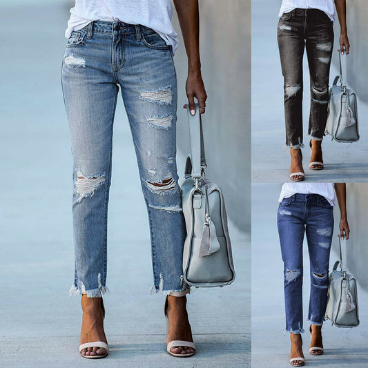 Glamorous Women's Solid Color Ripped Straight Jeans