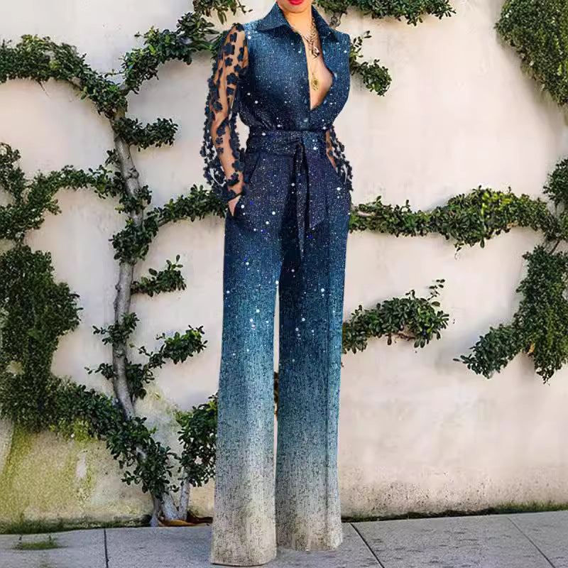 Women's Elegant Sexy Lace Stitching Bell-bottom Jumpsuits