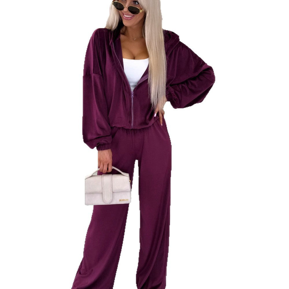 Fall Fashion Zipper Hooded Sport Long Wide Suits