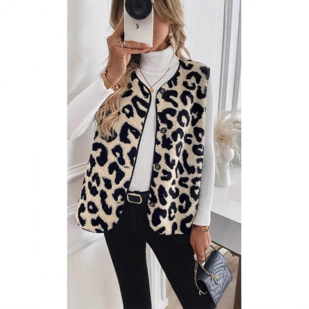 Leopard Print Front Button Plush Fashion Women's Vest