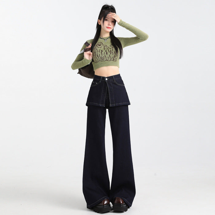 Women's Fake Two-piece Dark Blue Fart Curtain Jeans