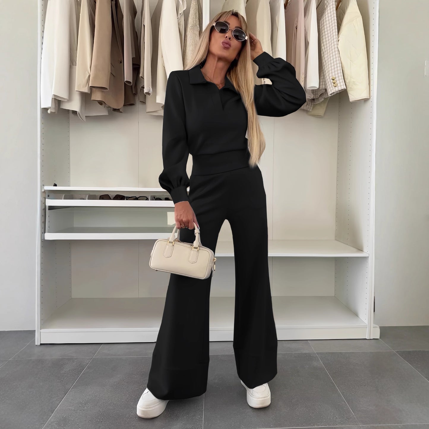 Women's Long Sleeve Elastic Wide Leg Two-piece Set Solid Color Polo Pants