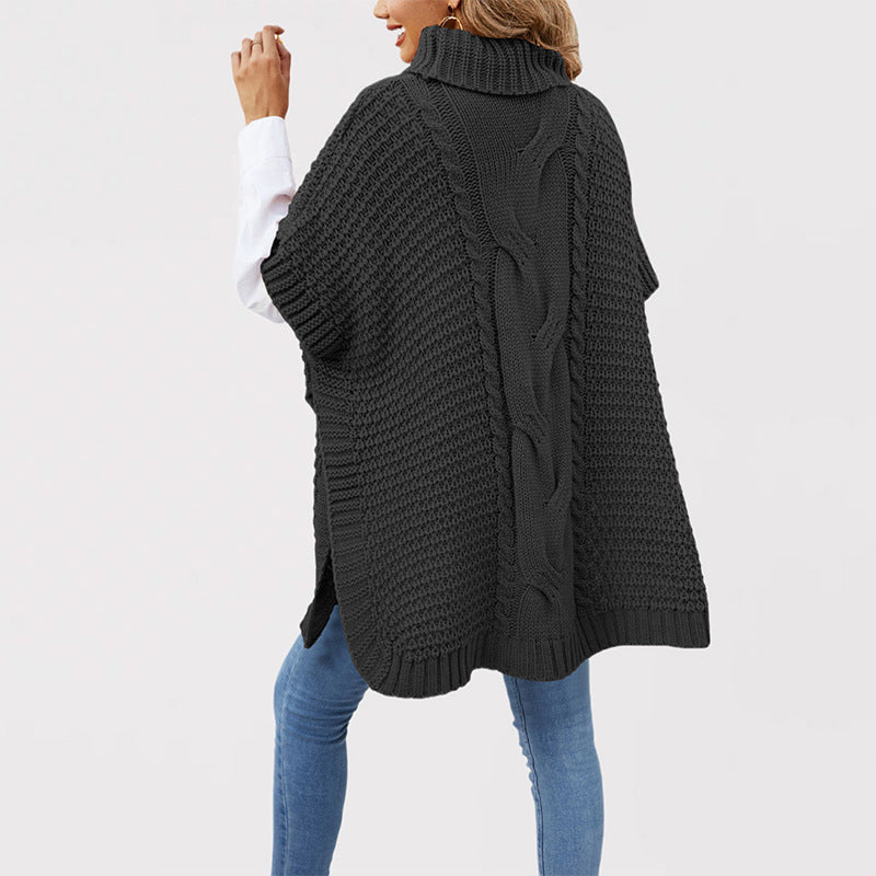 Women's Turtleneck Twist Shawl Loose Half Sleeve Sweaters