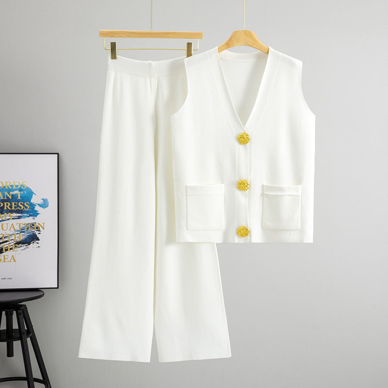 Women's Sleeveless Large Button Straight Wide Leg Two-piece Sweaters