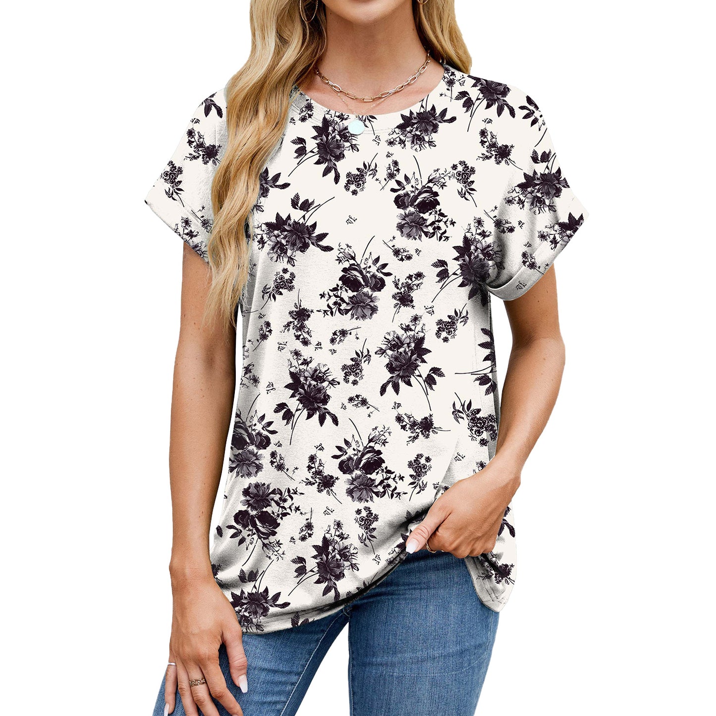 Women's Summer Printed Round Neck Loose Sleeves Women's T-shirt