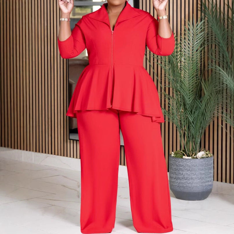 Women's Long Sleeve Lapel Zipper Wide Leg Suits