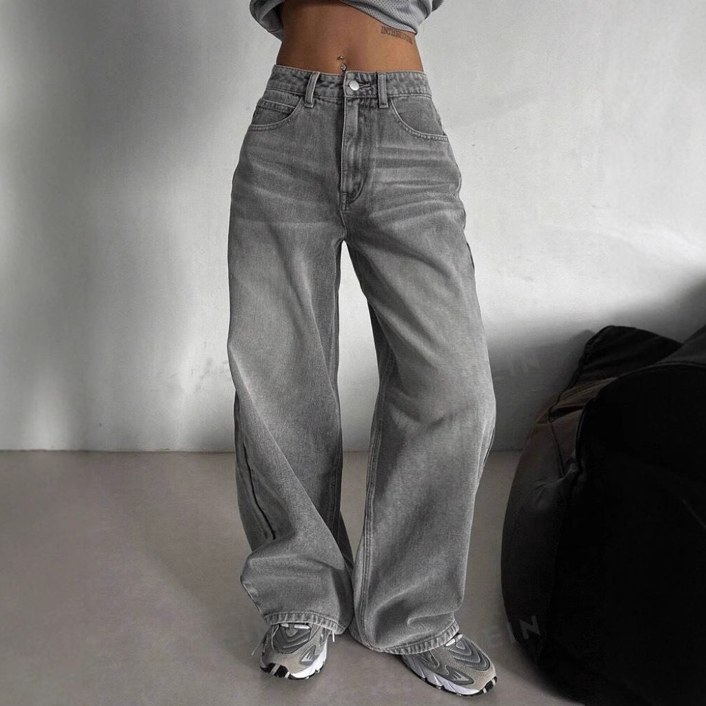 Gray High Waist Fashion Street Design Loose Jeans