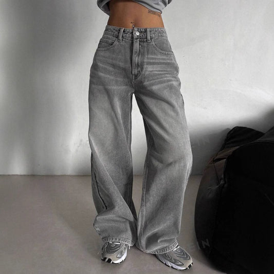 Gray High Waist Fashion Street Design Loose Jeans