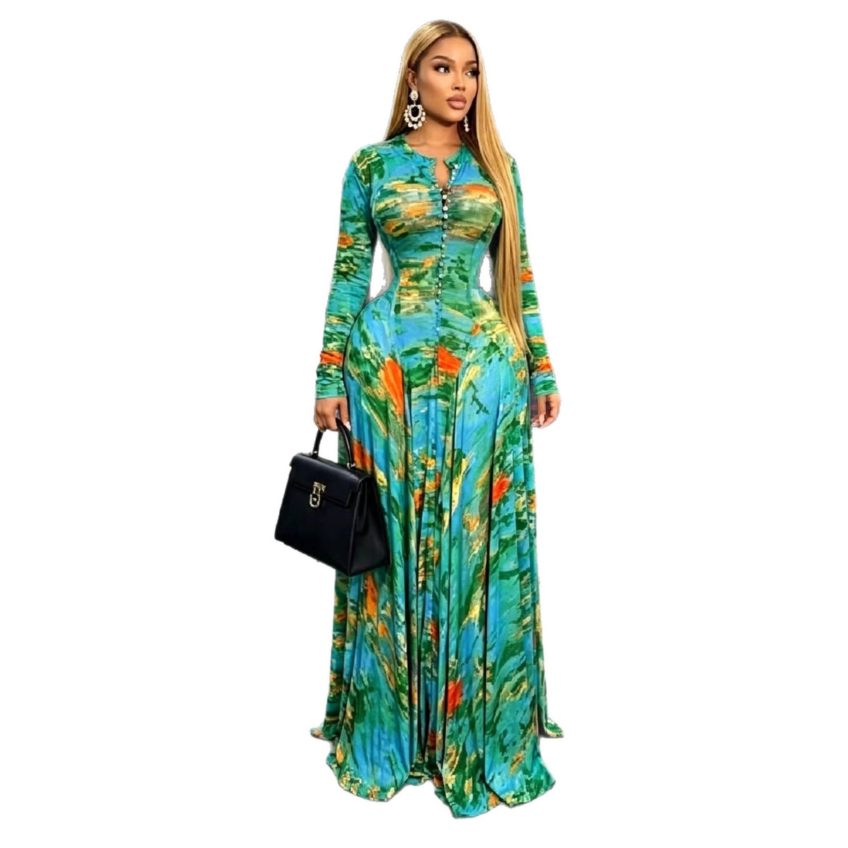 Women's African Temperament Printed Large Swing Round Neck Long Sleeve Waist Dress