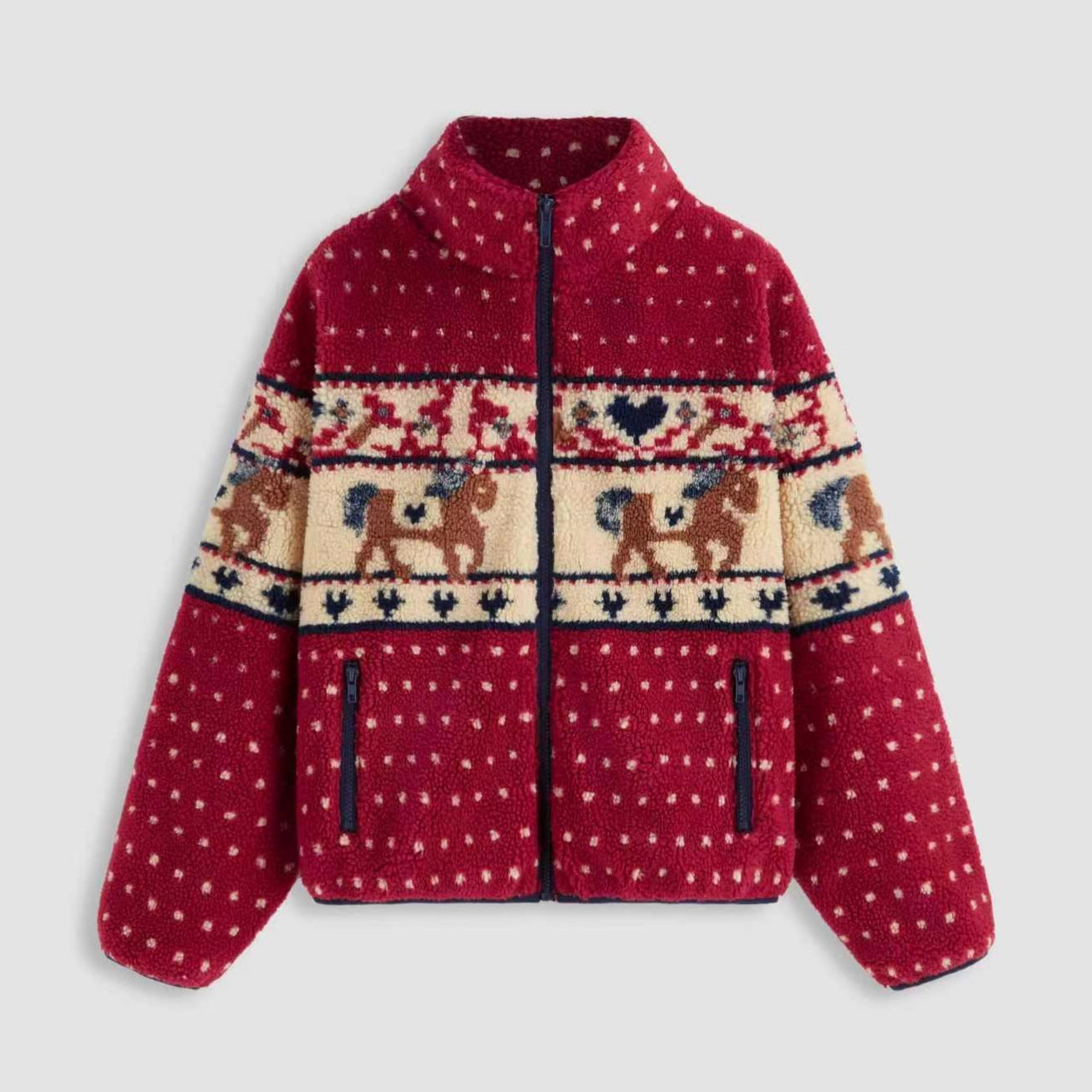 Christmas Snowflake Moose Zipper Pocket Woolen Coats