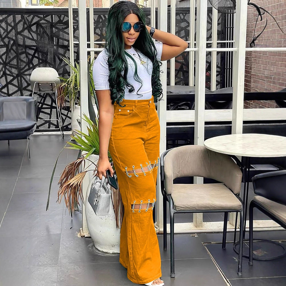 Women's Waist Stitching Casual Hole Nail Chain Jeans