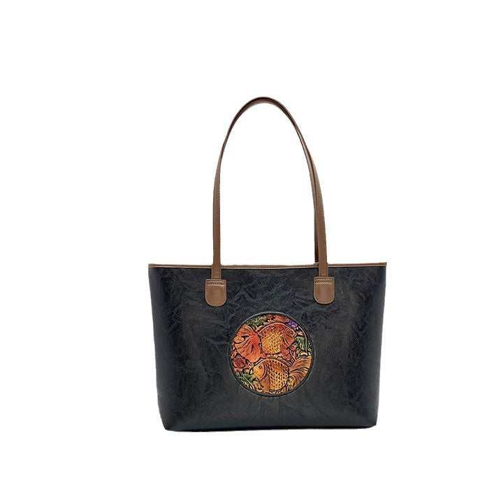 Women's Ethnic Style Leather Carving Goldfish High-grade Tote Bags
