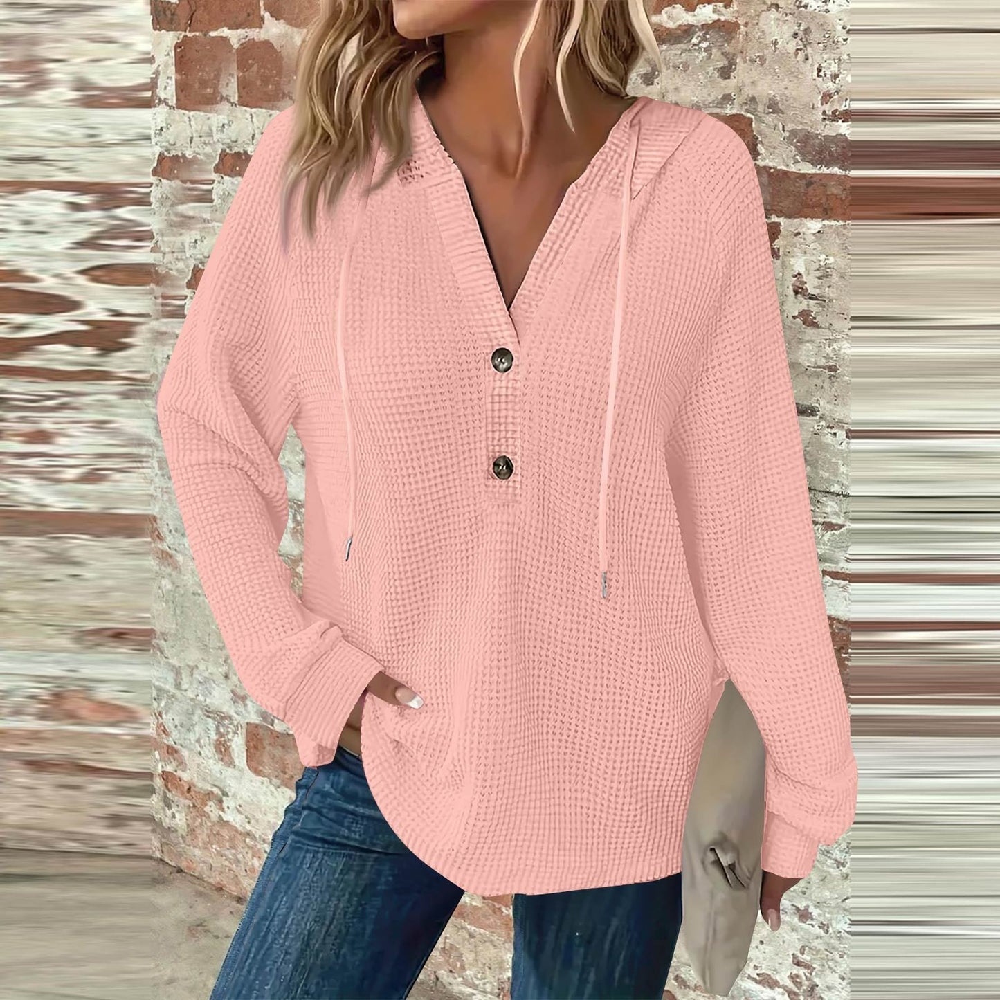 Women's Hoodie Waffle Knit Drawstring Button Long Sleeve Pullover Leisure Sweaters