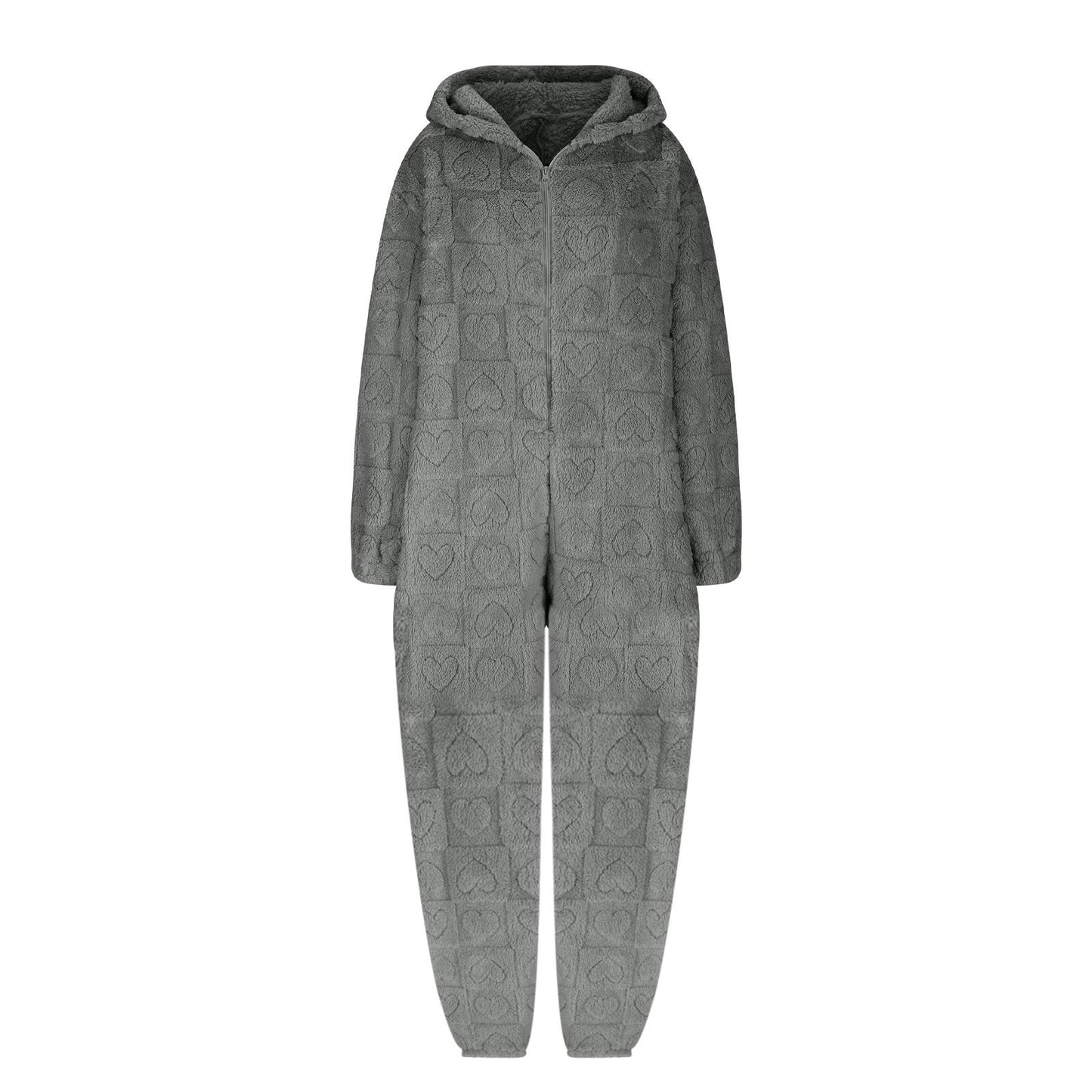 Women's Solid Color Fluff Zipper Hooded Ear Jumpsuits