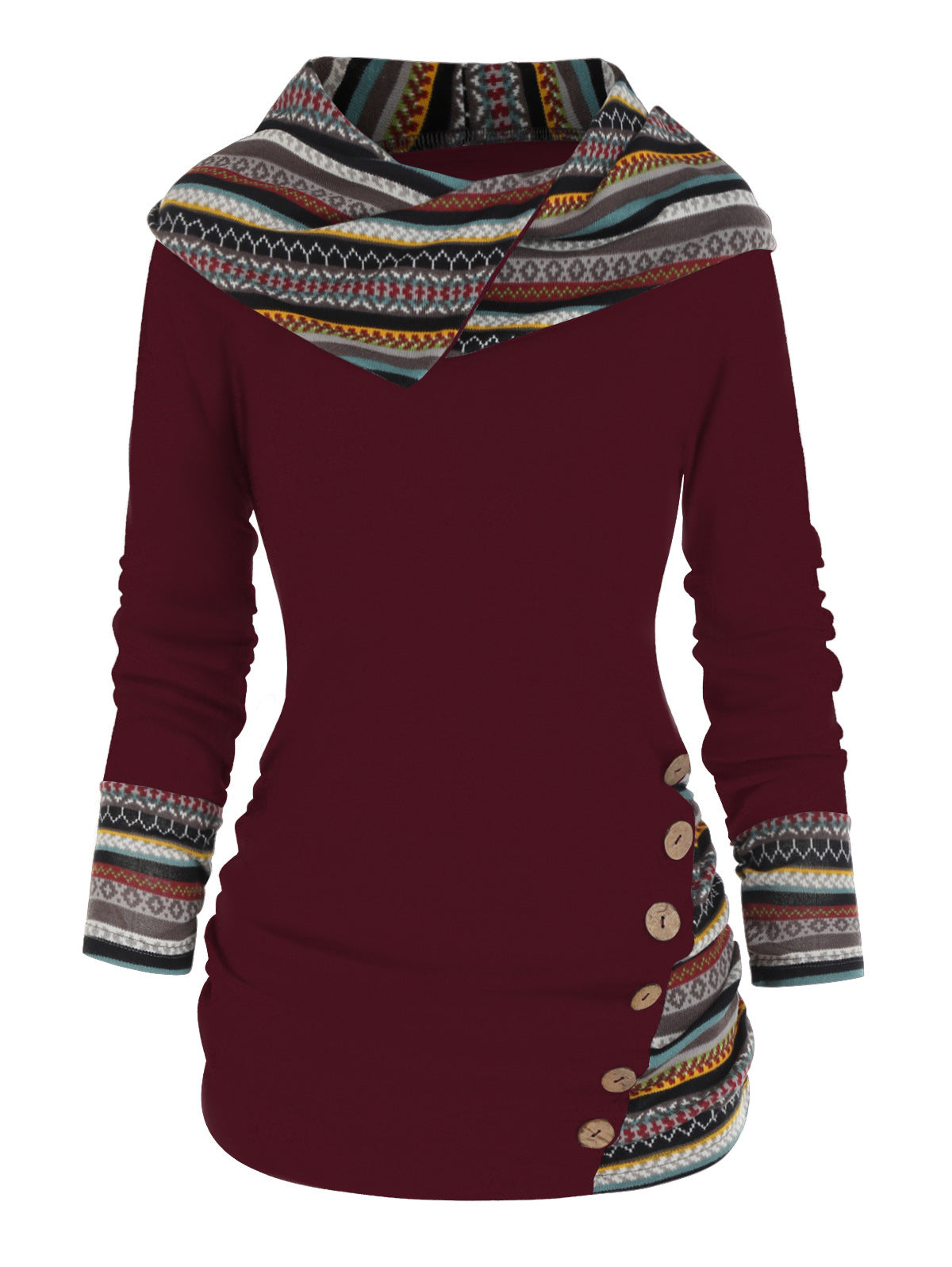 Women's Striped Stitching Hooded Knitted Long Sleeve Button Sweaters
