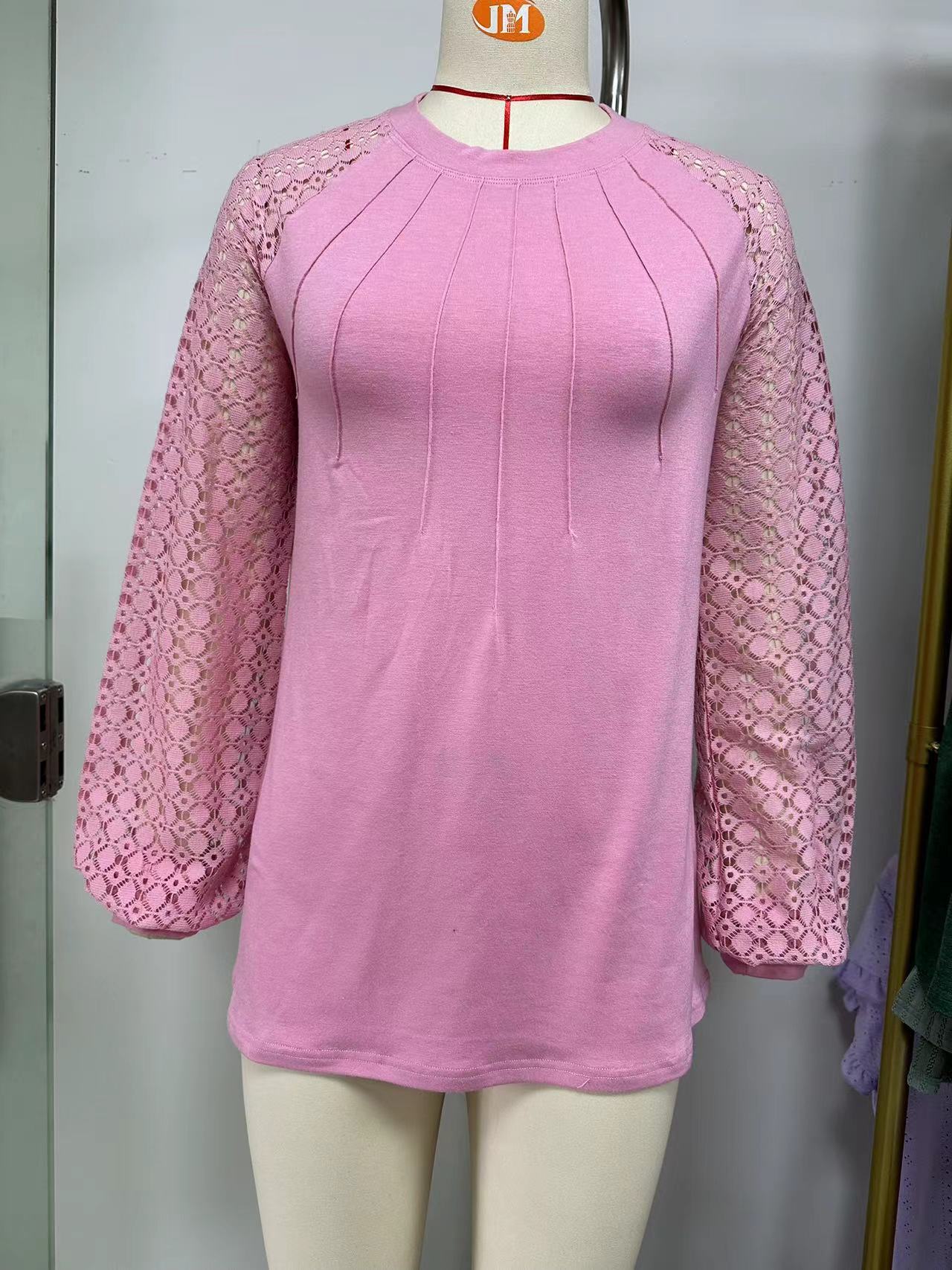 Women's Lace Patchwork Round Neck Long Sleeve Tops