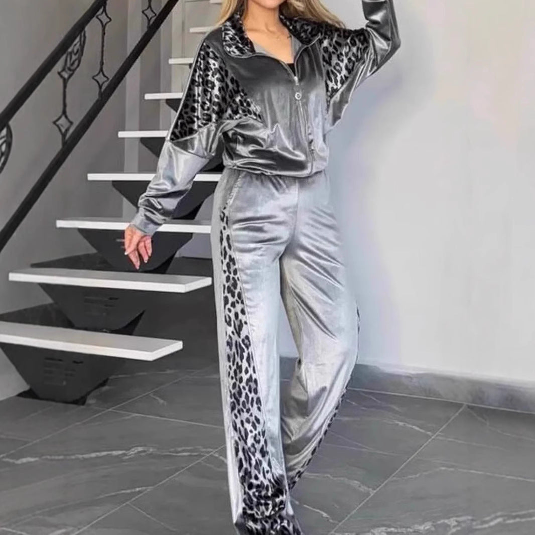 Leopard Print Contrast Color Long-sleeved Sportswear Fashion Casual Suit