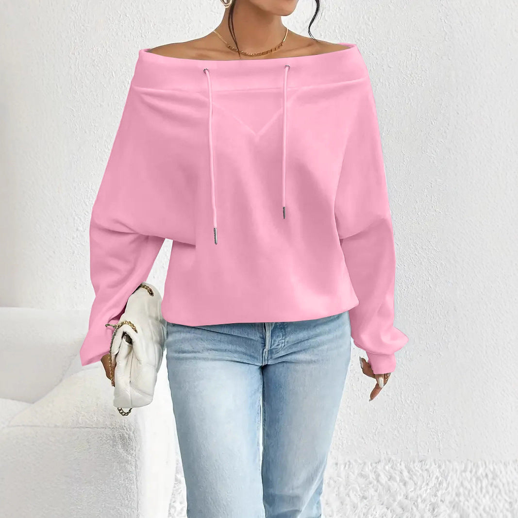 Women's Oblique Shoulder Loose Casual Drawstring Sweatshirt Women's Sweater, Sweater