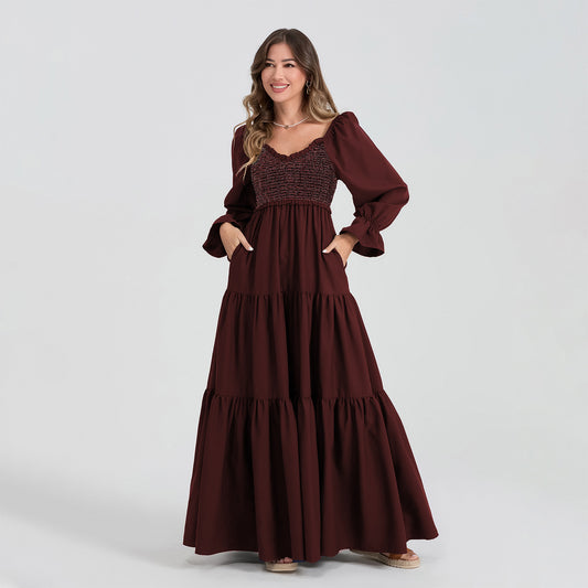 Women's Popular Long Sleeve Pleating Layered Wooden Dresses