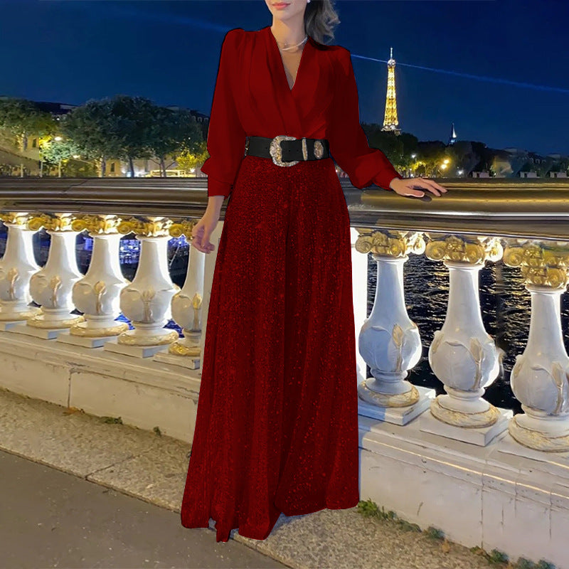 Women's Shirt Elegant Waist Slimming Sequined Wide Women's Jumpsuit/clothing