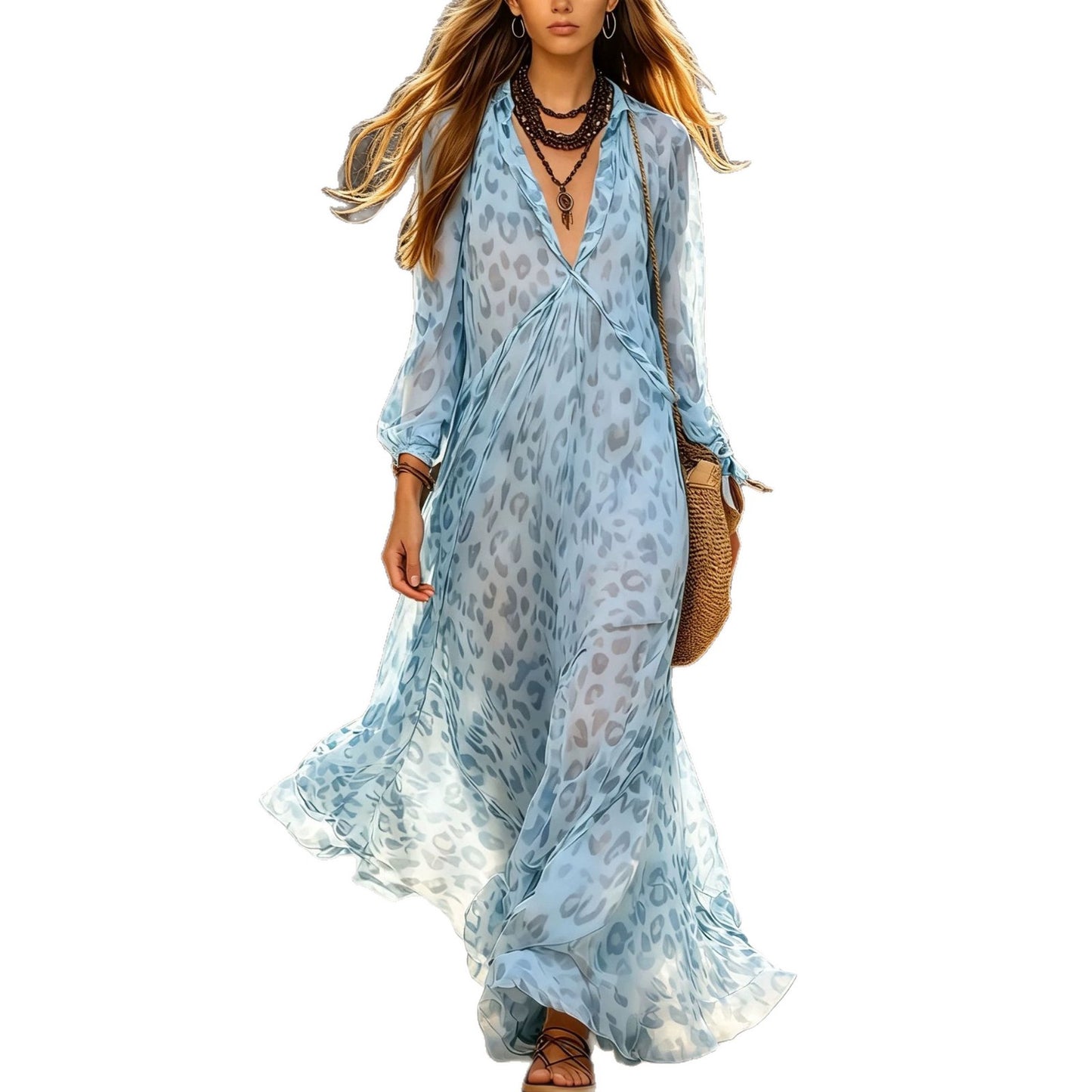 Women's Leopard Print Chiffon Long Sleeve Boho Dress