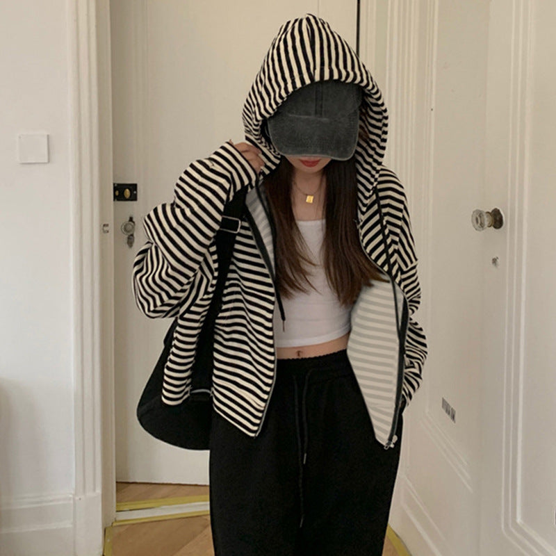Women's Style Vintage Stripe Hoodie Casual Zipper Tops
