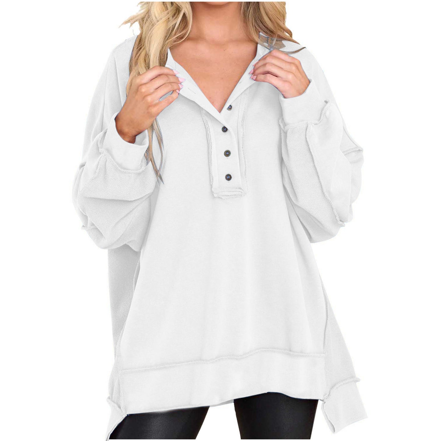 Women's Round Neck Solid Color Buttons Loose Tops
