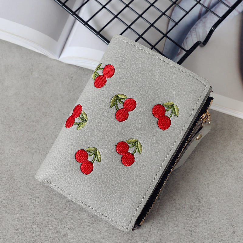 Women's Style Vertical Cherry Embroidery Short Fashion Ladies Wallets