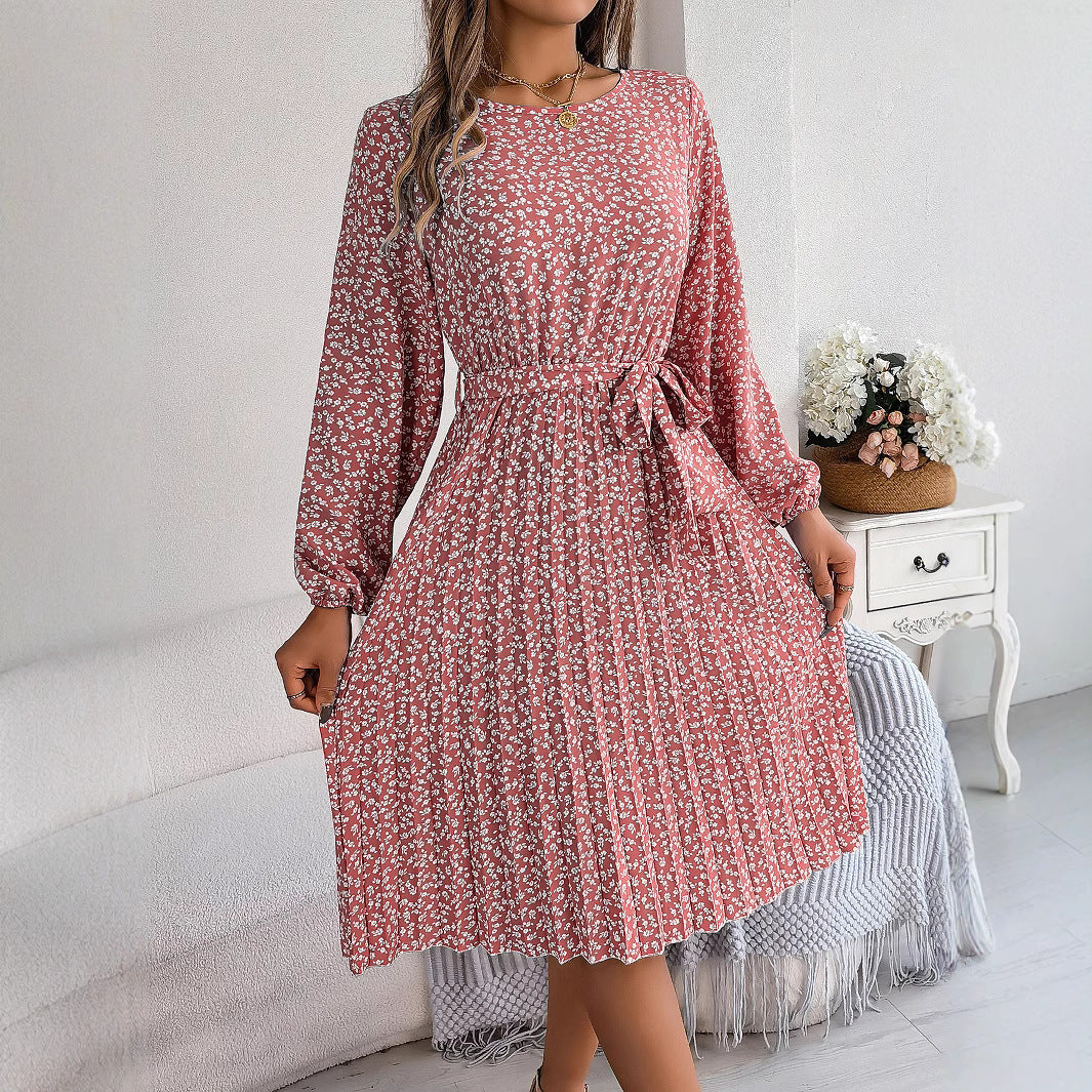 Women's Casual Long-sleeved Floral Print Pleated Dress
