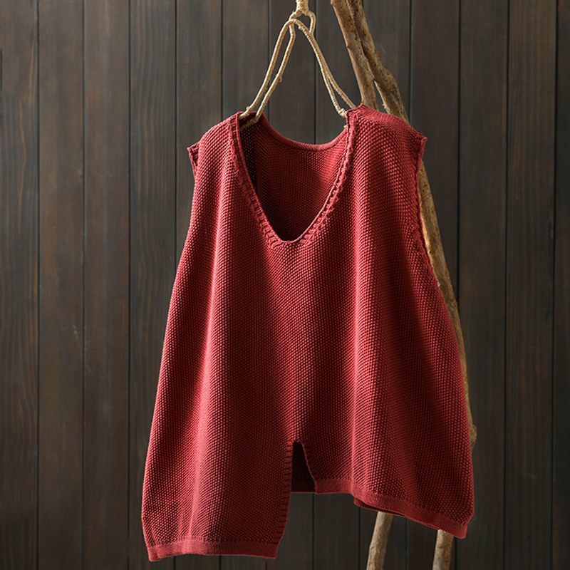 Women's Simple Irregular Lower Hem Ethnic Style Knitted Retro Loose Pullover Women's Vest