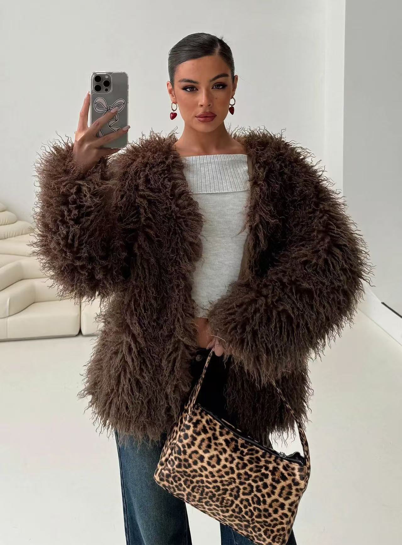 Casual Fashion Fur Faux Chocolate Color Coats