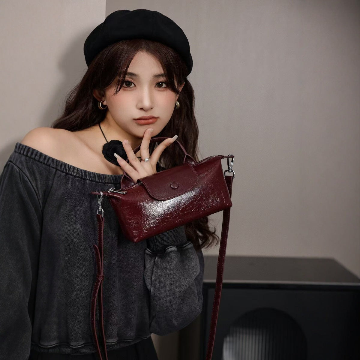 Oil Wax Cowhide Mini Dumpling Hand Bags