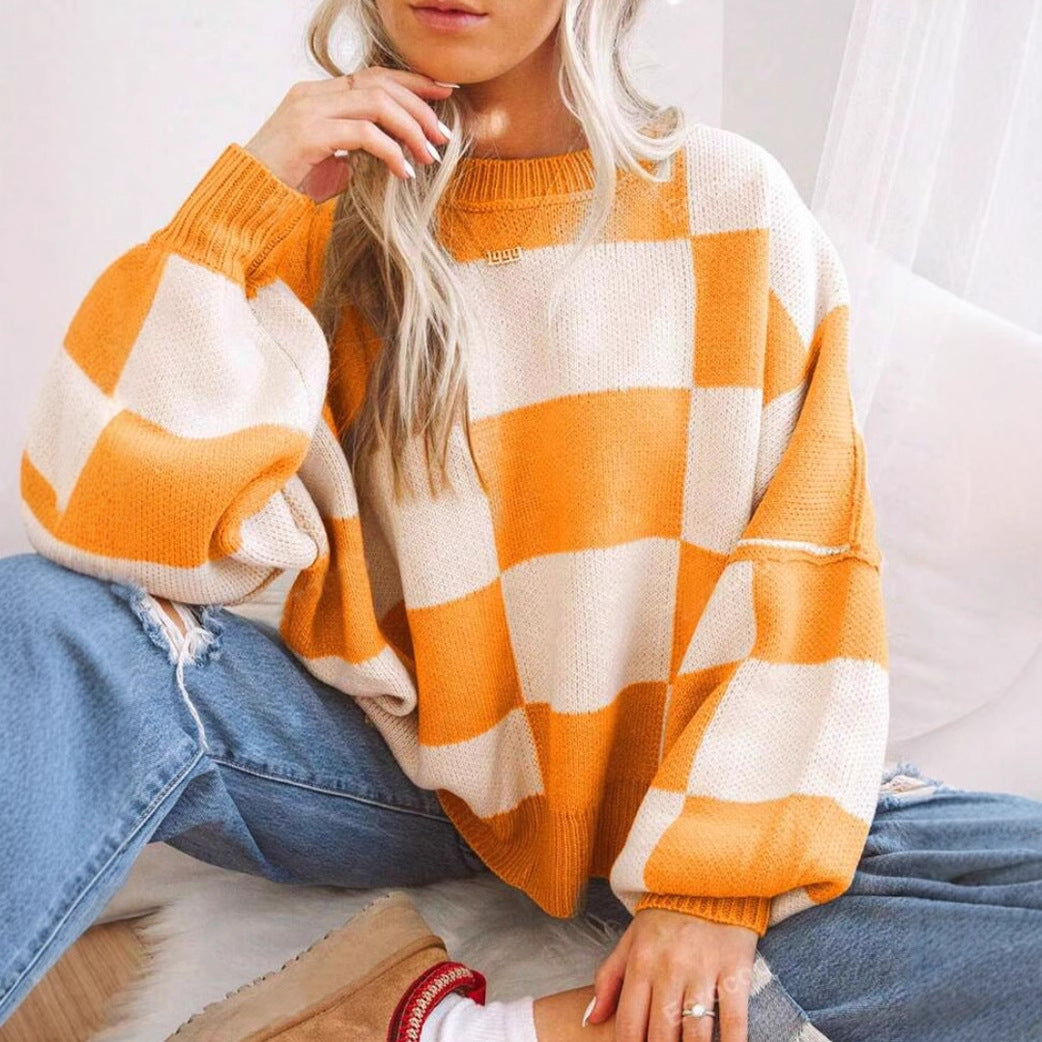 Women's Autumn Clothes Plaid Element Round Neck Knitwear