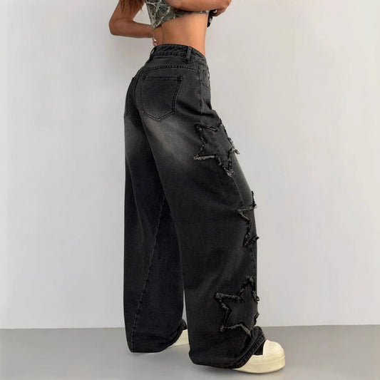 Women's High Street Fashion Fried Pentagram Embroidered Elastic Jeans