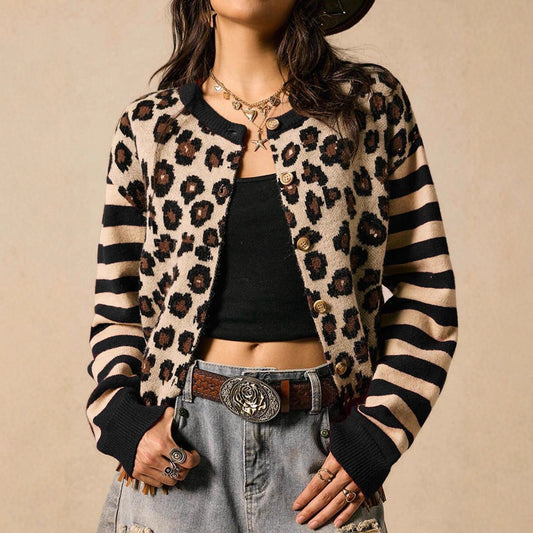 Women's Round Neck Striped Leopard Print Sweaters