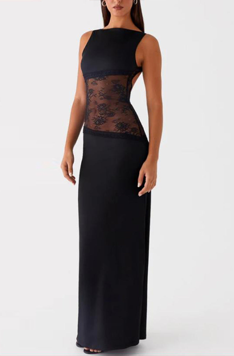 Lace Satin Stitched Backless Long Slimming Jumpsuits