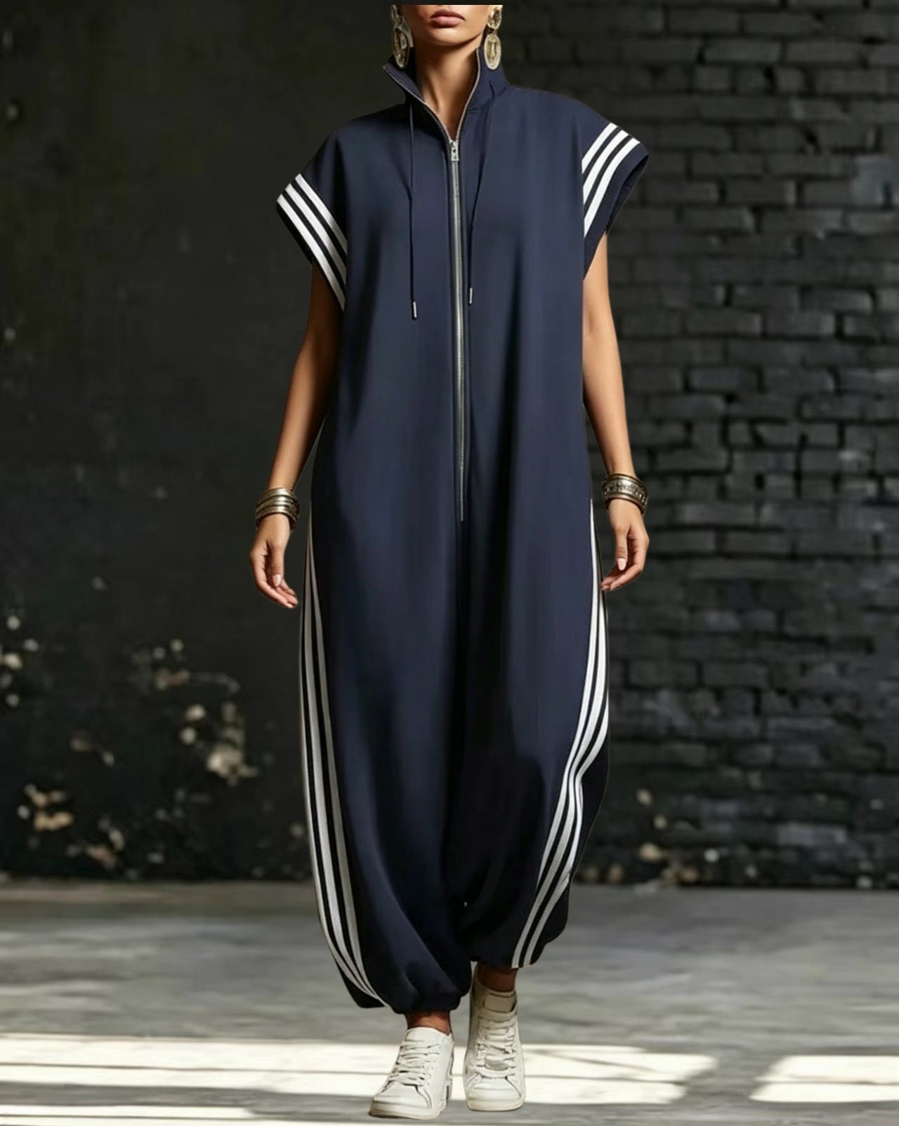 Women's Zipped Stand Collar Striped Contrast Color Jumpsuits
