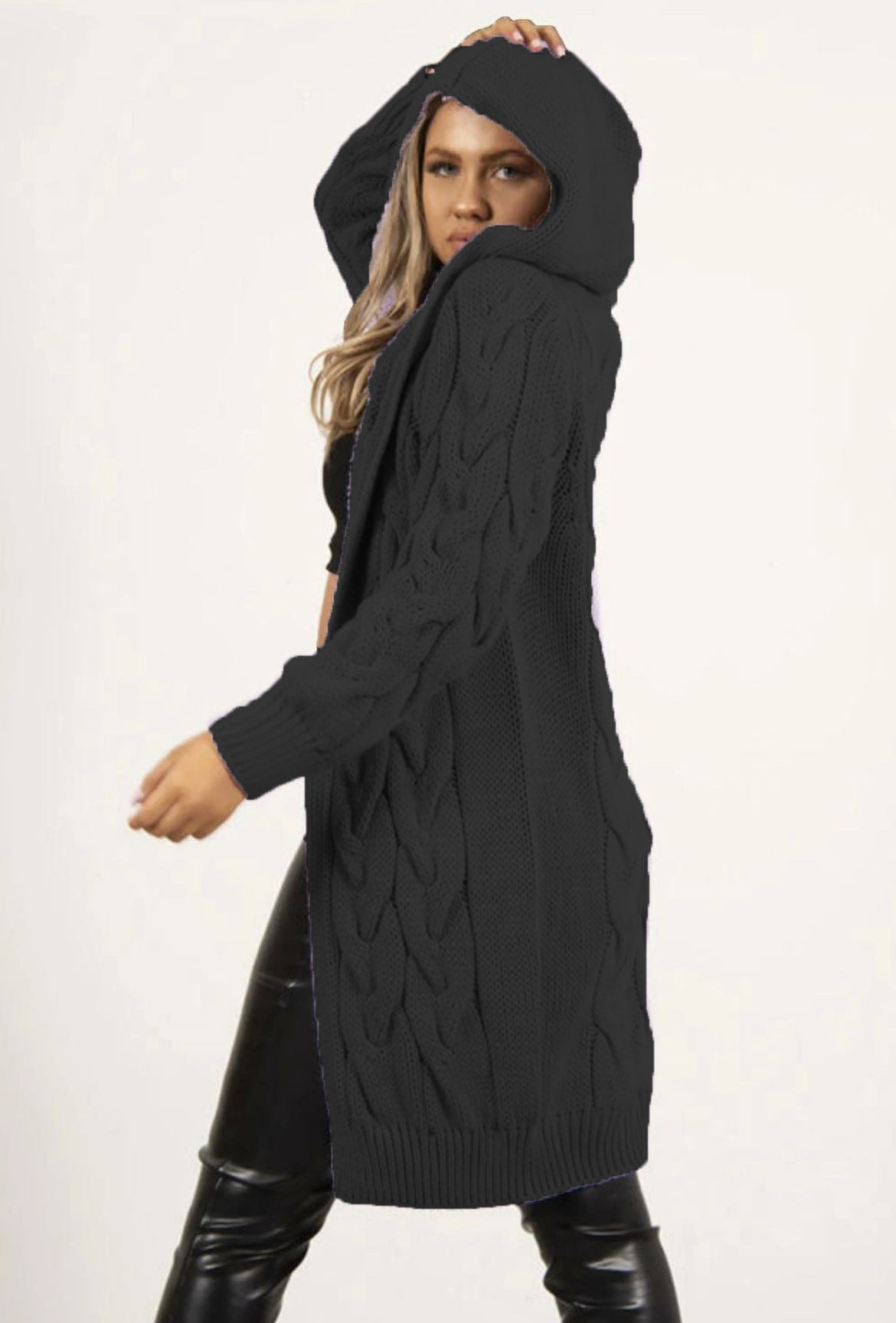 Women's Large Long Hooded Knit For Knitwear