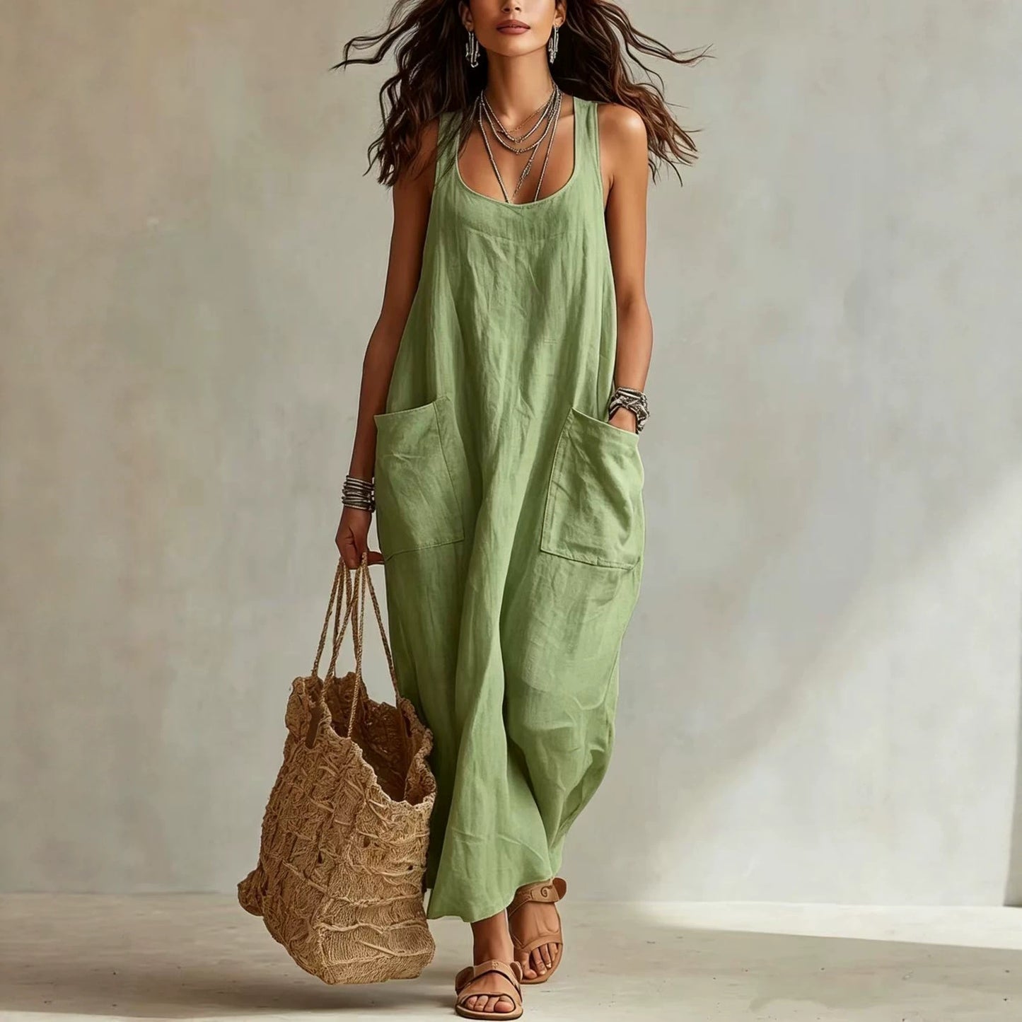 Summer Cotton Linen Temperament Leisure Pocket Dress