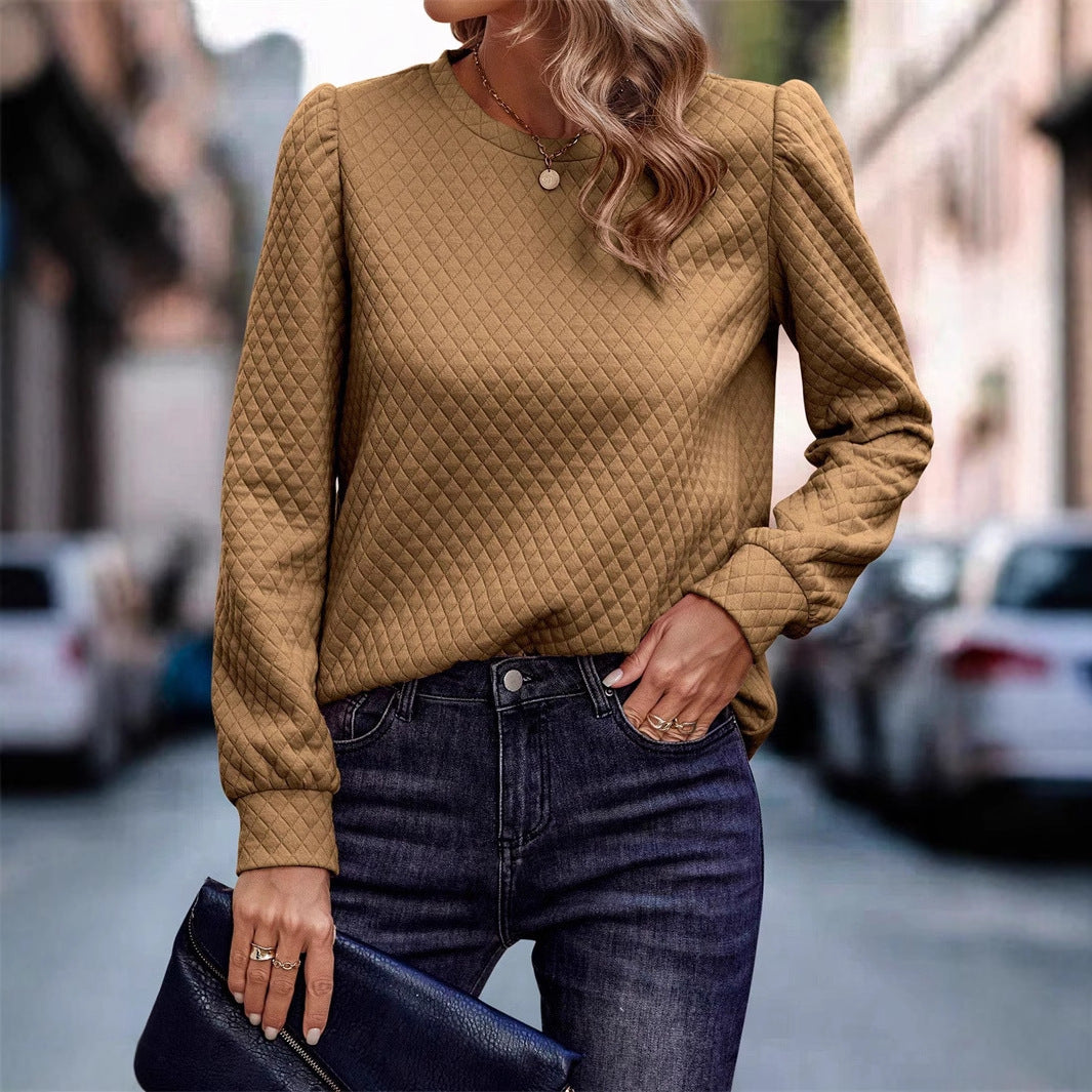 Women's Plaid Puff Sleeve Comfort Casual Women's Sweater, Sweater