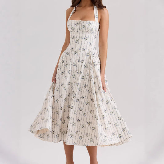 Style Hot Elegant Design Button Halter Midi Dress Summer Dresses