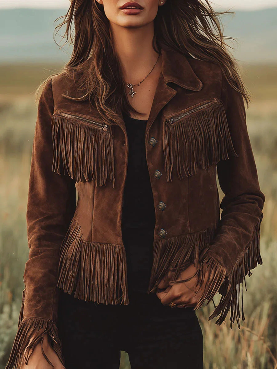 Women's Autumn Brown Vintage Tassel Faux Suede Jackets
