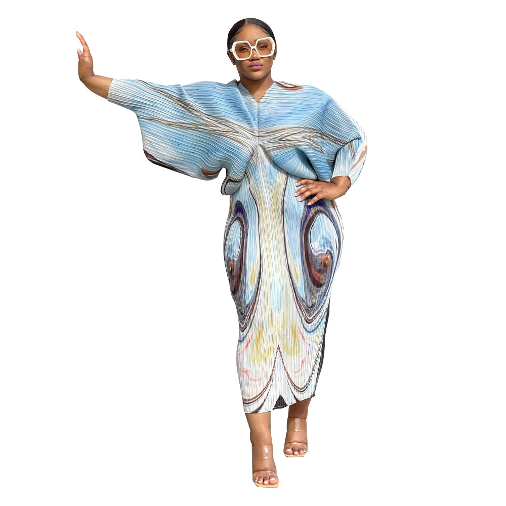 Women's Polyester Batwing Sleeve Pleated Printed Dress Dresses