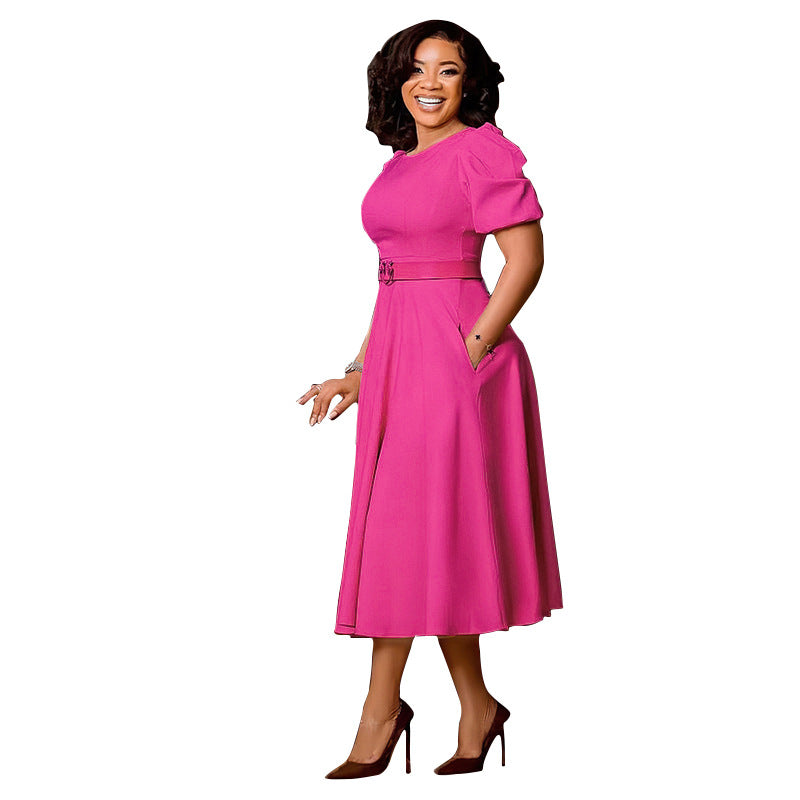 Women's Round Neck Elegant Large Hem Puff Sleeve Dress