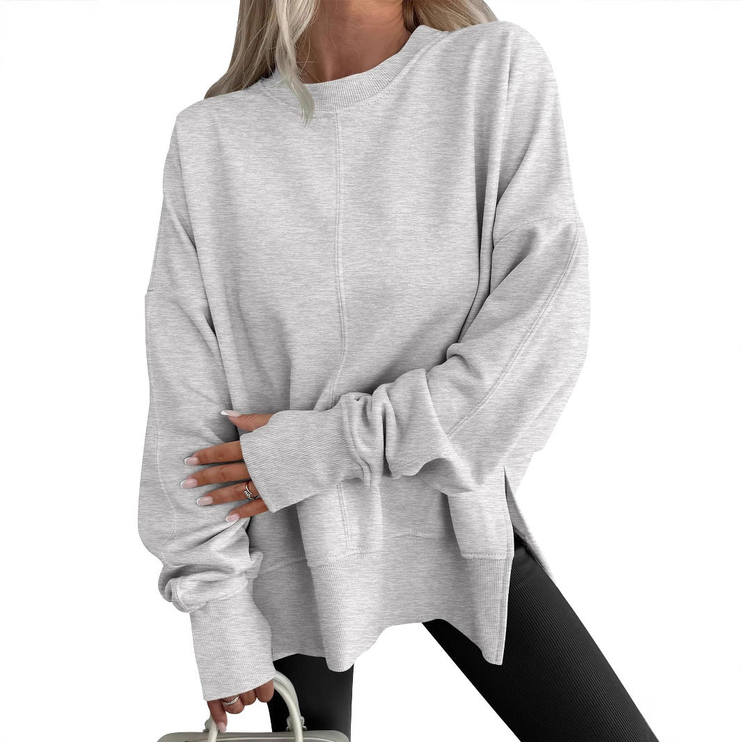Loose Side Slit Patchwork Round Neck Bat Sleeve Sweaters