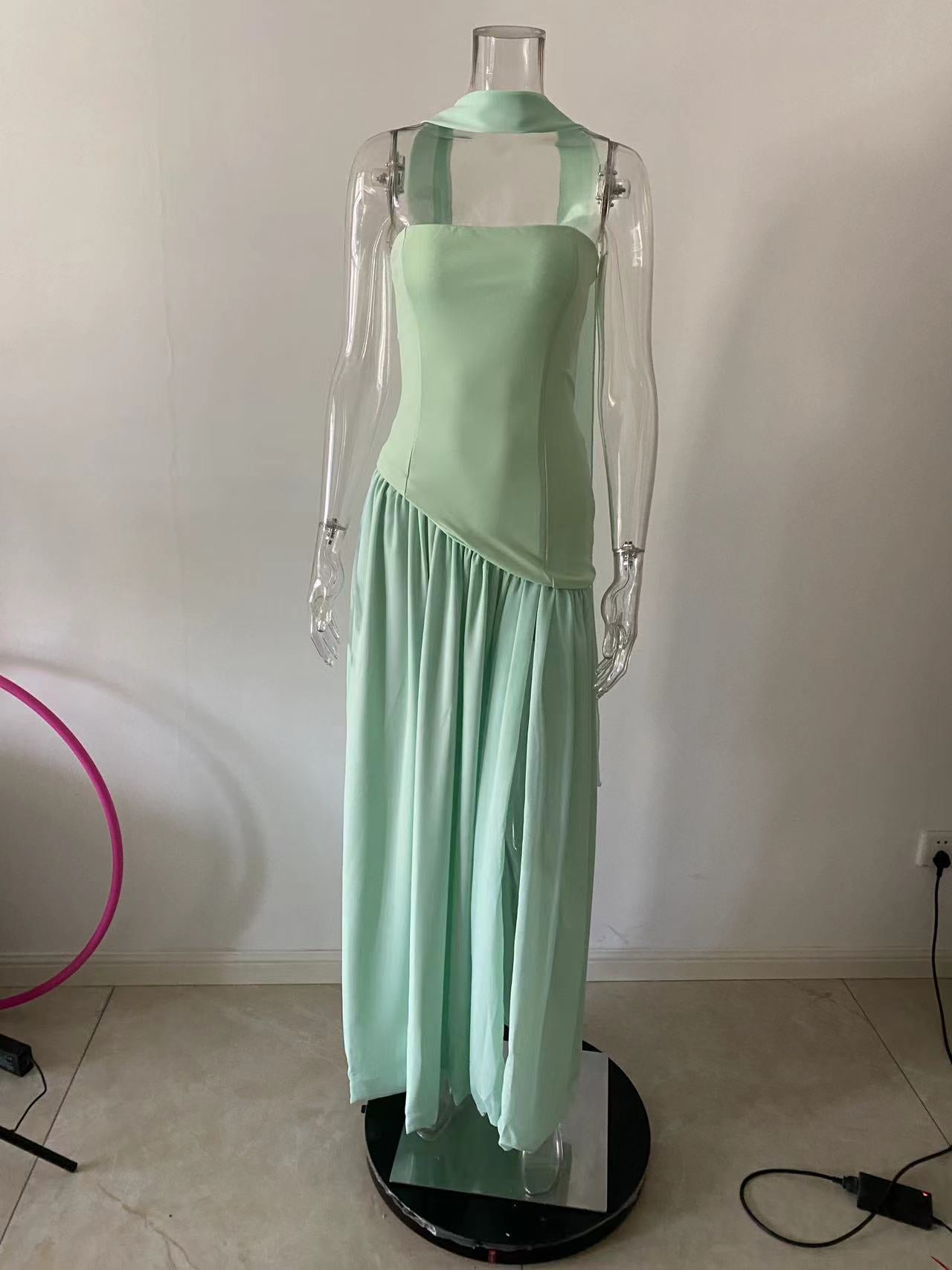 Elegant Contrast Color Tight Zipper Irregular Slit Dresses