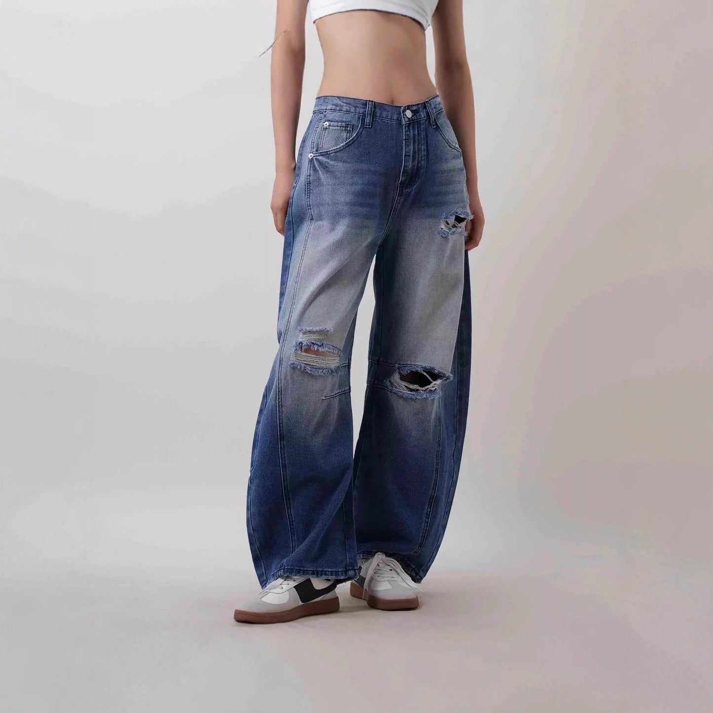Women's Loose Hole Vintage Denim Trousers Jeans