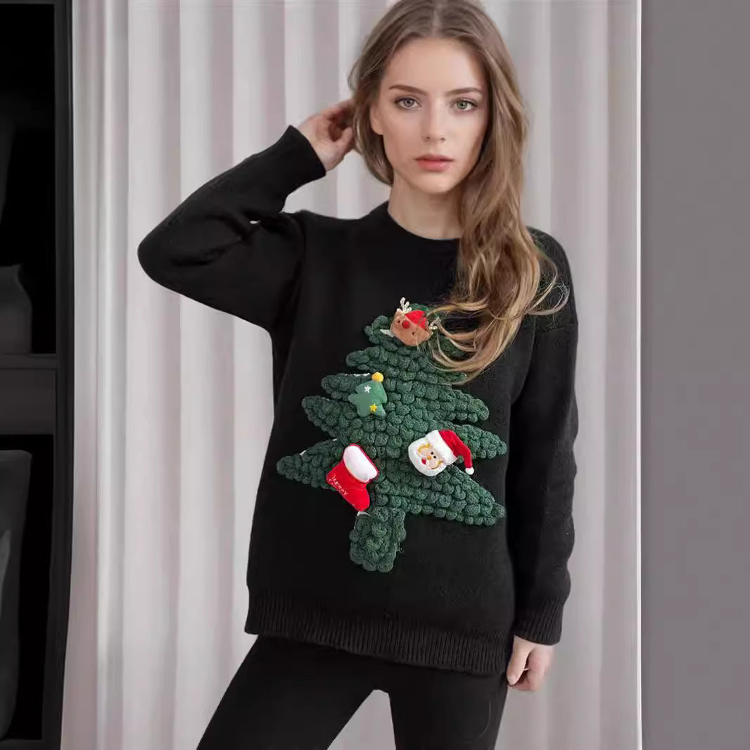 Women's Three-dimensional Flocking Christmas Tree Red Loose Sweaters