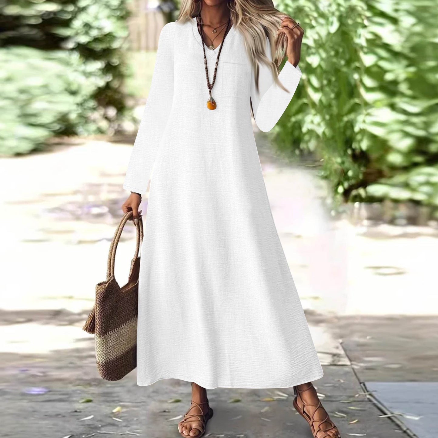 Summer Back Zipper Cotton Linen Solid Color Dress