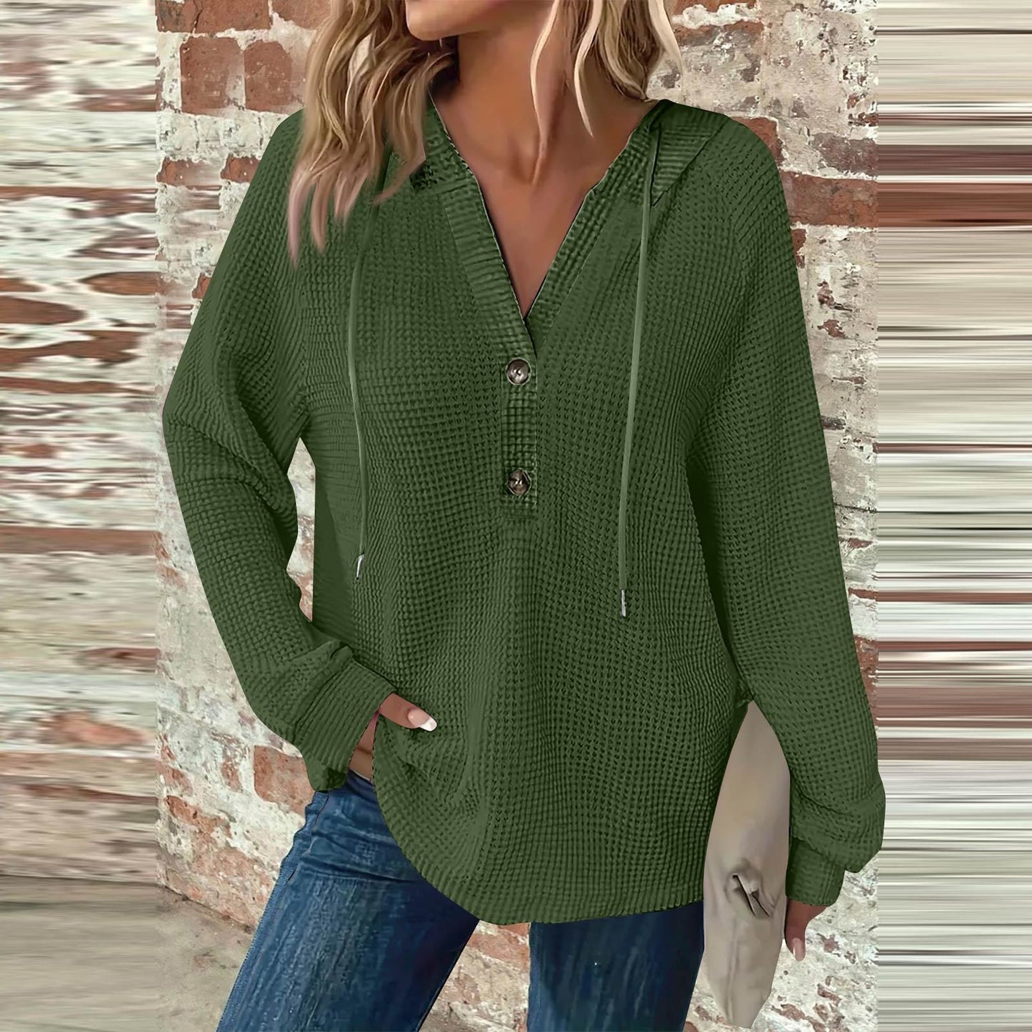 Women's Hoodie Waffle Knit Drawstring Button Long Sleeve Pullover Leisure Sweaters